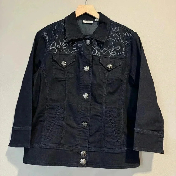 Chico’s Dark Denim Jacket Embroidered Sequins Artsy 2 Large - Picture 1 of 5